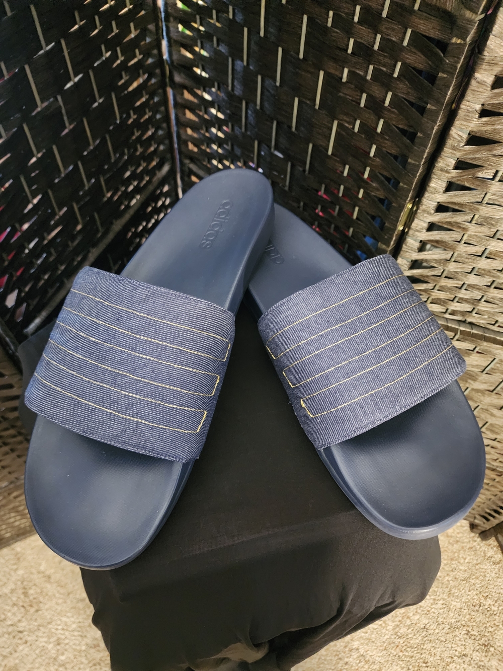 adidas Navy Blue Slide Sandals with Textured Strap. (B1)